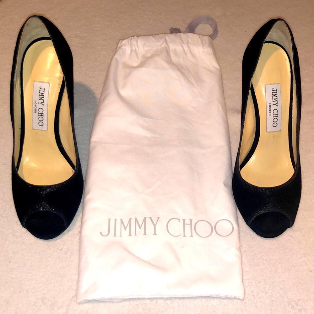 Jimmy Choo Deceive Glitter Peep Toe Pumps Size 37.5 - Picture 3 of 6